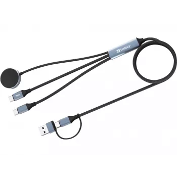 Cabo de carregamento de viagem 3 em 1 Sandberg 100W, 1,2 m, USB A/USB C, preto