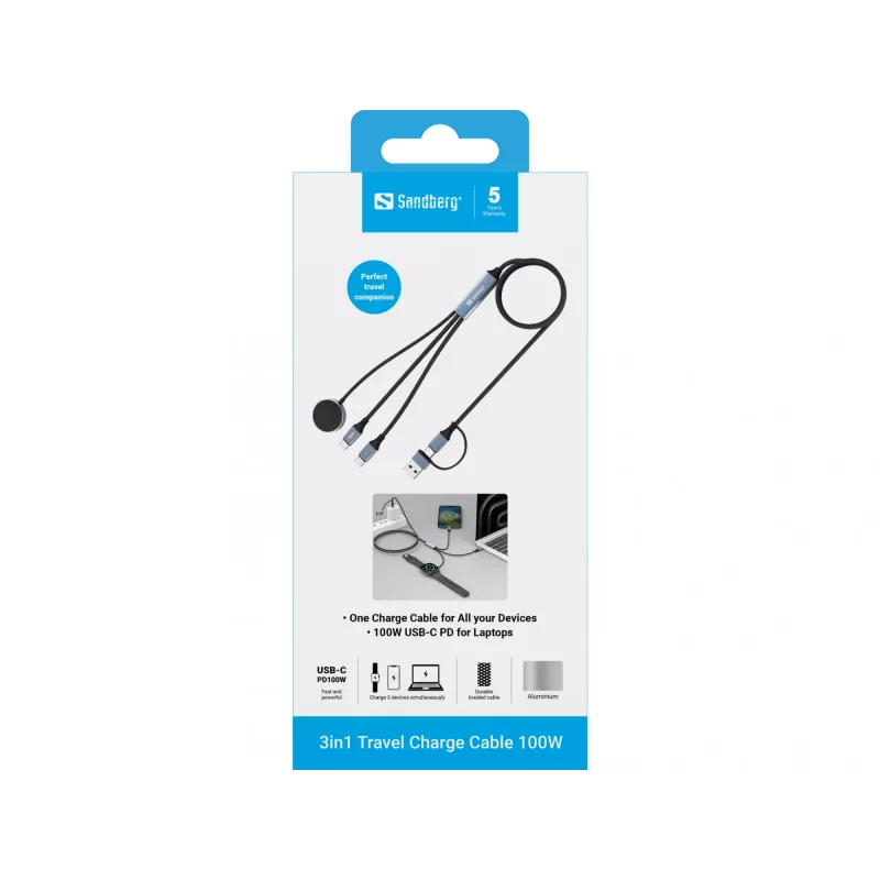 Cabo de carregamento de viagem 3 em 1 Sandberg 100W, 1,2 m, USB A/USB C, preto