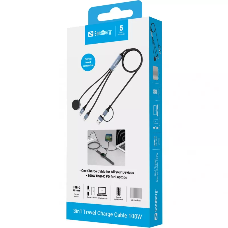 Cabo de carregamento de viagem 3 em 1 Sandberg 100W, 1,2 m, USB A/USB C, preto