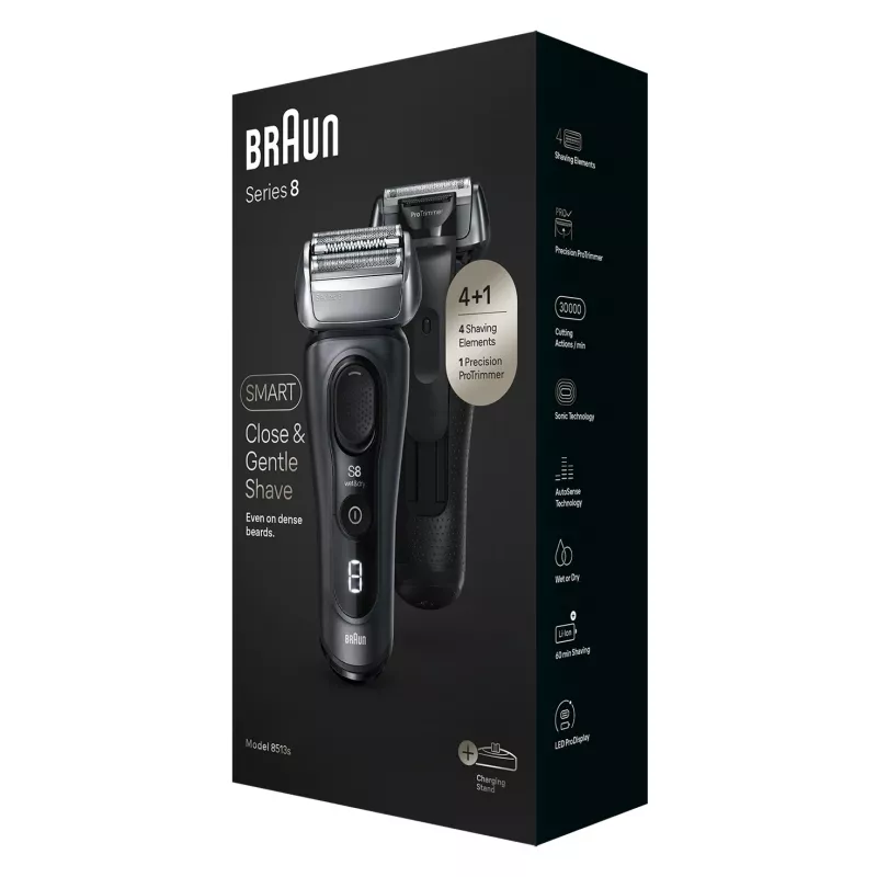 Máquina de barbear Braun Series 8 8513s húmida e seca com base de carregamento e estojo de viagem, cinzento fjord