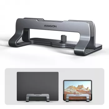 Suporte de alumínio Axagon STND-VG para inserção vertical de portáteis 10 polegadas–17,3 polegadas. Largura da ranhura ajustável 9,5–25,5 mm. Versão cinzenta.