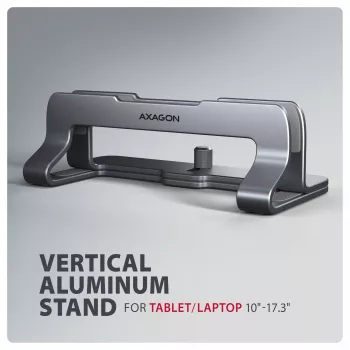Suporte de alumínio Axagon STND-VG para inserção vertical de portáteis 10 polegadas–17,3 polegadas. Largura da ranhura ajustável 9,5–25,5 mm. Versão cinzenta.