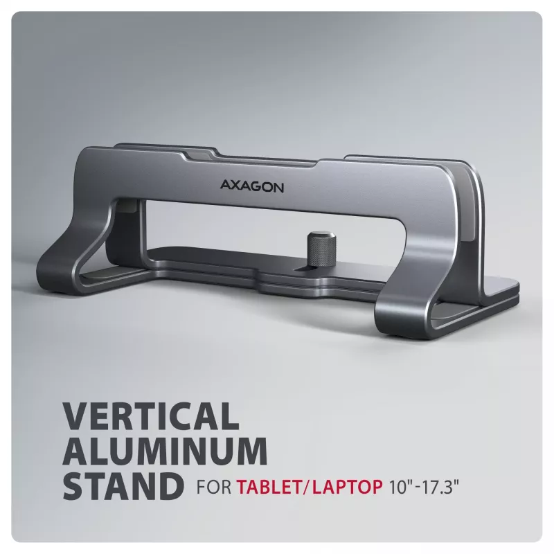 Suporte de alumínio Axagon STND-VG para inserção vertical de portáteis 10 polegadas–17,3 polegadas. Largura da ranhura ajustável 9,5–25,5 mm. Versão cinzenta.