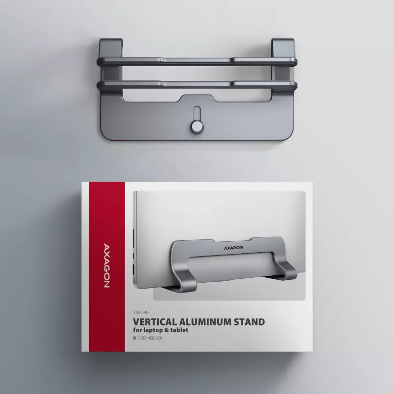 Suporte de alumínio Axagon STND-VG para inserção vertical de portáteis 10 polegadas–17,3 polegadas. Largura da ranhura ajustável 9,5–25,5 mm. Versão cinzenta.