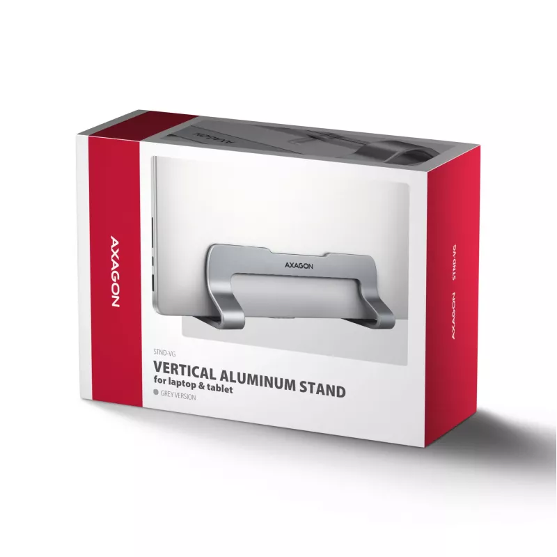 Suporte de alumínio Axagon STND-VG para inserção vertical de portáteis 10 polegadas–17,3 polegadas. Largura da ranhura ajustável 9,5–25,5 mm. Versão cinzenta.