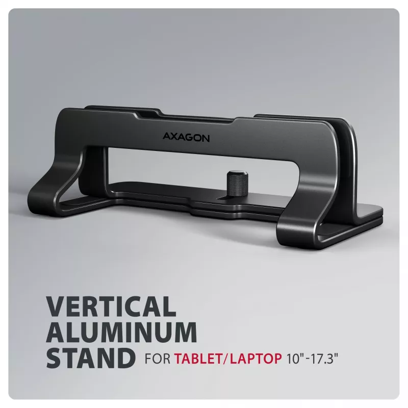 Suporte de alumínio Axagon STND-VB para colocação vertical de portáteis de 10 polegadas – 17,3 polegadas. Largura da ranhura ajustável 9,5–25,5 mm. Versão preta.