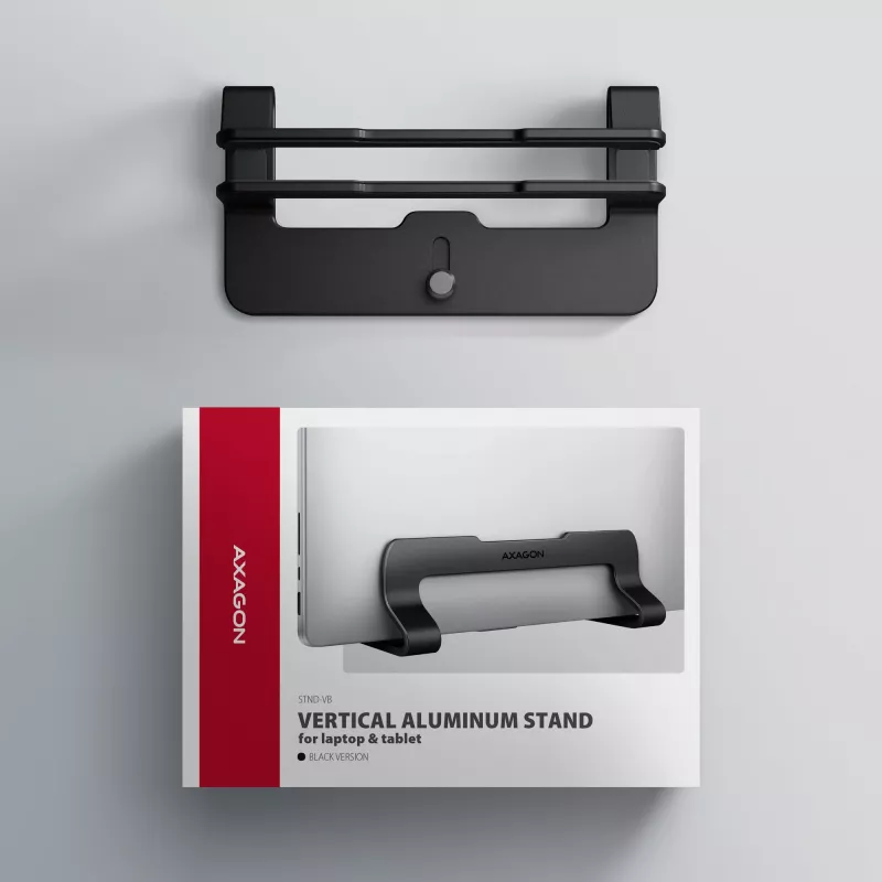 Suporte de alumínio Axagon STND-VB para colocação vertical de portáteis de 10 polegadas – 17,3 polegadas. Largura da ranhura ajustável 9,5–25,5 mm. Versão preta.