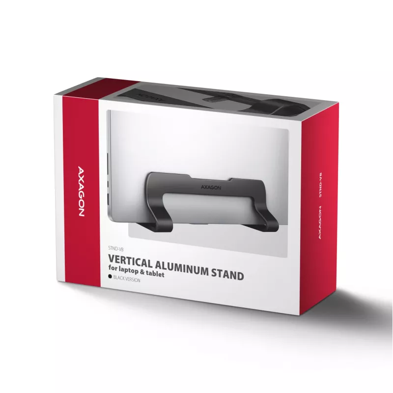 Suporte de alumínio Axagon STND-VB para colocação vertical de portáteis de 10 polegadas – 17,3 polegadas. Largura da ranhura ajustável 9,5–25,5 mm. Versão preta.