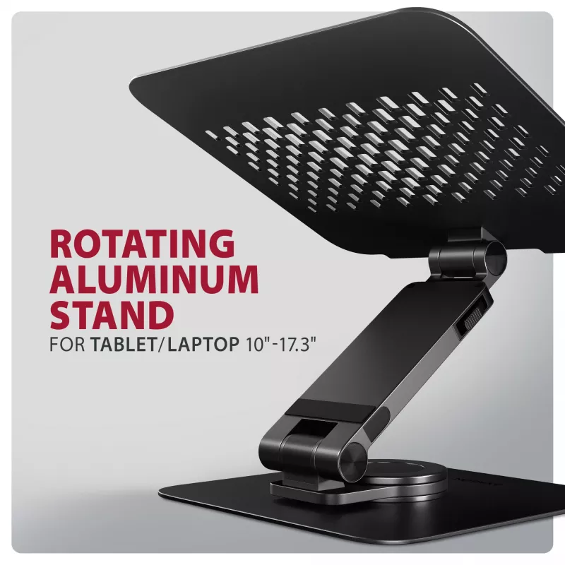 Suporte para portátil AXAGON STND-LRB — alumínio, rotação 360°, para 10 polegadas–17,3 polegadas, altura ajustável até 26 cm, inclinação 0–180°, preto