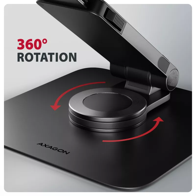 Suporte para portátil AXAGON STND-LRB — alumínio, rotação 360°, para 10 polegadas–17,3 polegadas, altura ajustável até 26 cm, inclinação 0–180°, preto