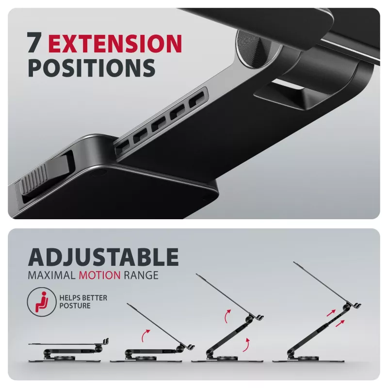 Suporte para portátil AXAGON STND-LRB — alumínio, rotação 360°, para 10 polegadas–17,3 polegadas, altura ajustável até 26 cm, inclinação 0–180°, preto