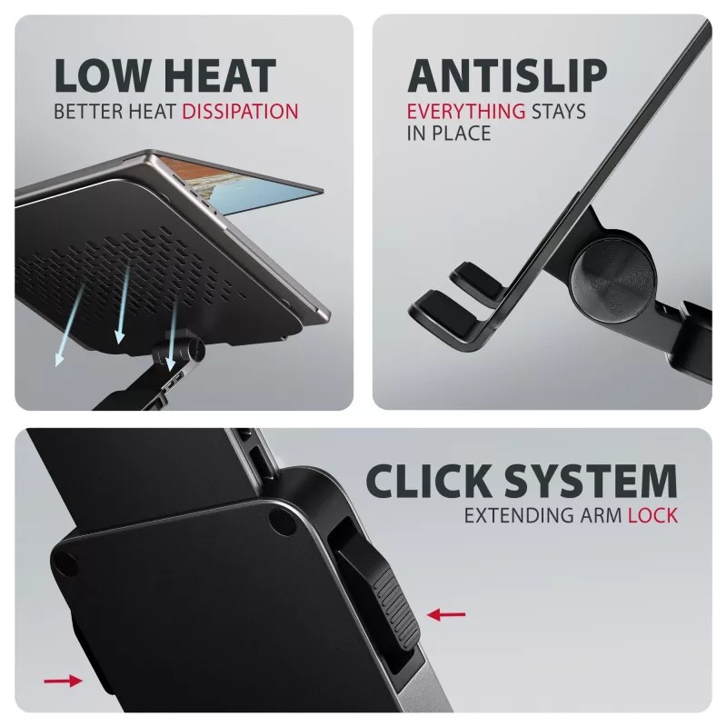 Suporte para portátil AXAGON STND-LRB — alumínio, rotação 360°, para 10 polegadas–17,3 polegadas, altura ajustável até 26 cm, inclinação 0–180°, preto