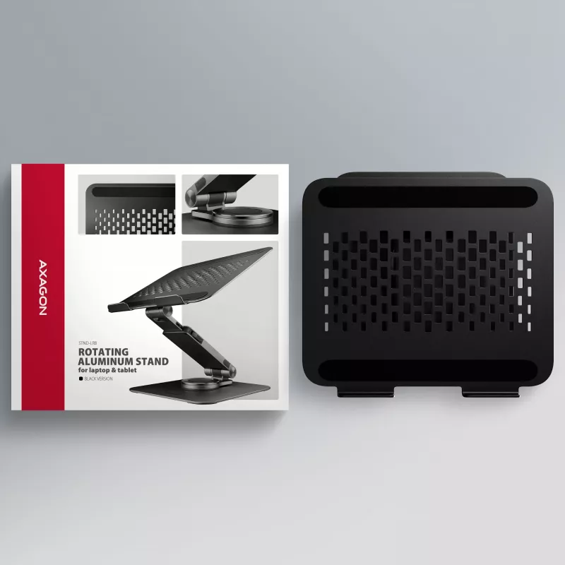 Suporte para portátil AXAGON STND-LRB — alumínio, rotação 360°, para 10 polegadas–17,3 polegadas, altura ajustável até 26 cm, inclinação 0–180°, preto