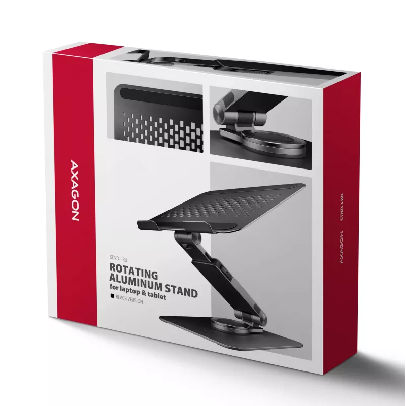 Suporte para portátil AXAGON STND-LRB — alumínio, rotação 360°, para 10 polegadas–17,3 polegadas, altura ajustável até 26 cm, inclinação 0–180°, preto