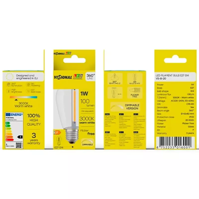 Lâmpada LED VISIONAL VS-B-20 1W 100 lm 3000K, classe de eficiência energética F