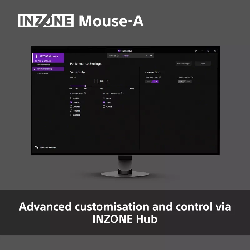Rato gaming sem fios Sony INZONE para destro RF Ótico 30000 DPI, aceleração 70G, scroll por roda