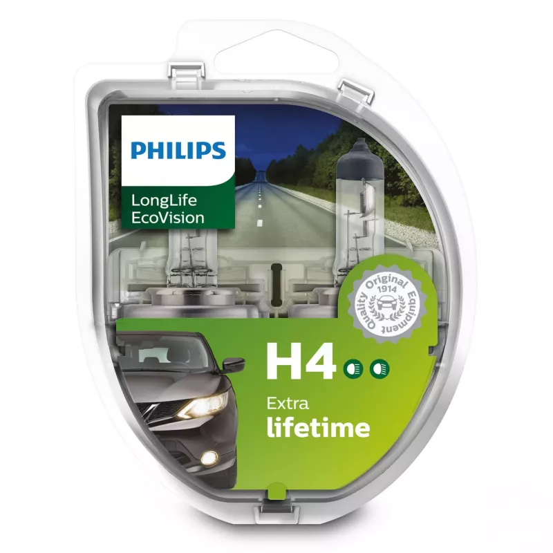 Philips LongLife EcoVision 12342LLECOS2 maior durabilidade, 60 W, 12 V, H4, 3100 K, 2 unid.