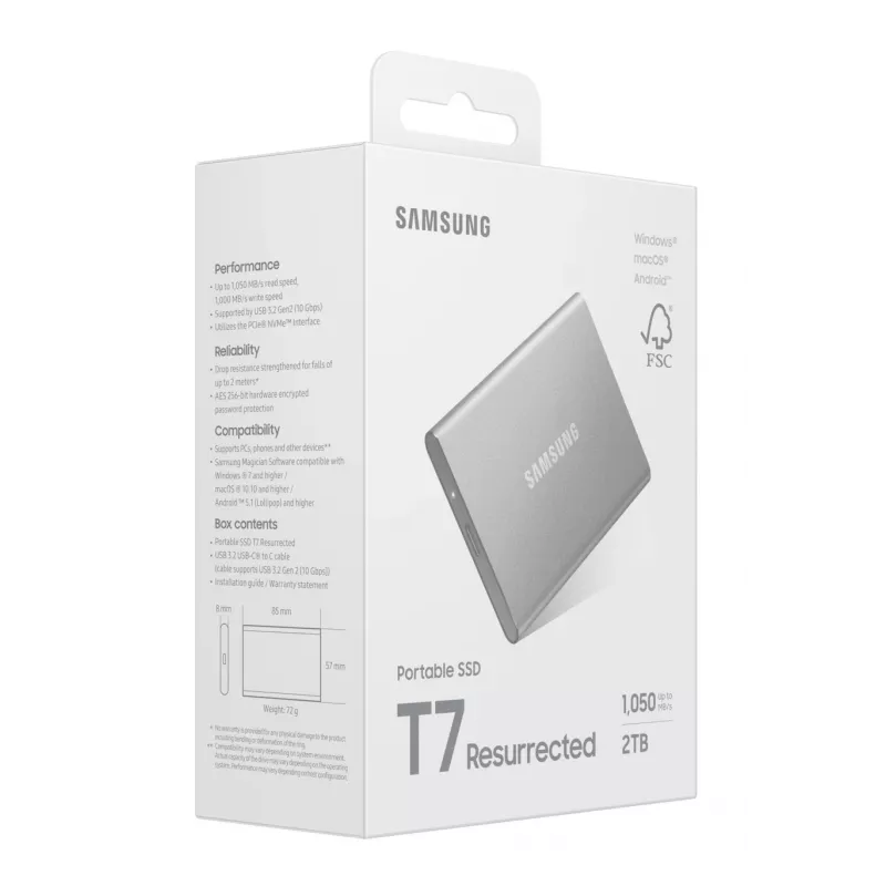 Unidade de estado sólido externa Samsung MU-PD2T0G/WW 2 TB USB Type-C 3.2 Gen 2 (3.1 Gen 2) prateada