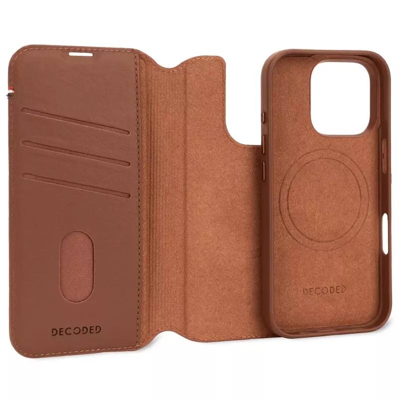 Carteira com capa Decoded iPhone 16 Pro Max castanho 3 compartimentos para cartões