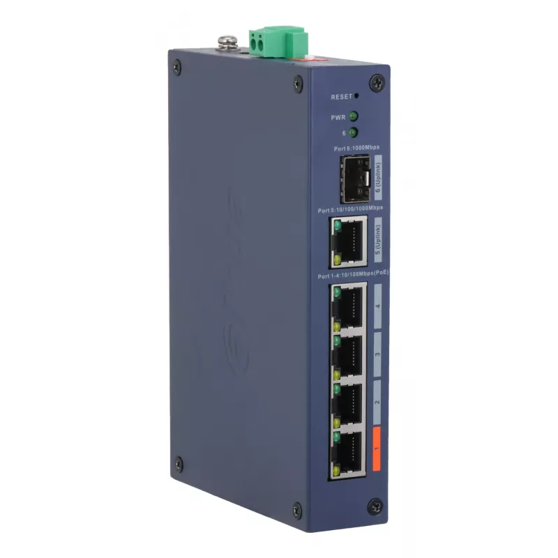 Switch gerido Hardened DAHUA CHS4106-4ET-60 — 6 portas, 4x PoE 10/100, L2, 4,8 Gbit/s, 8000 MAC