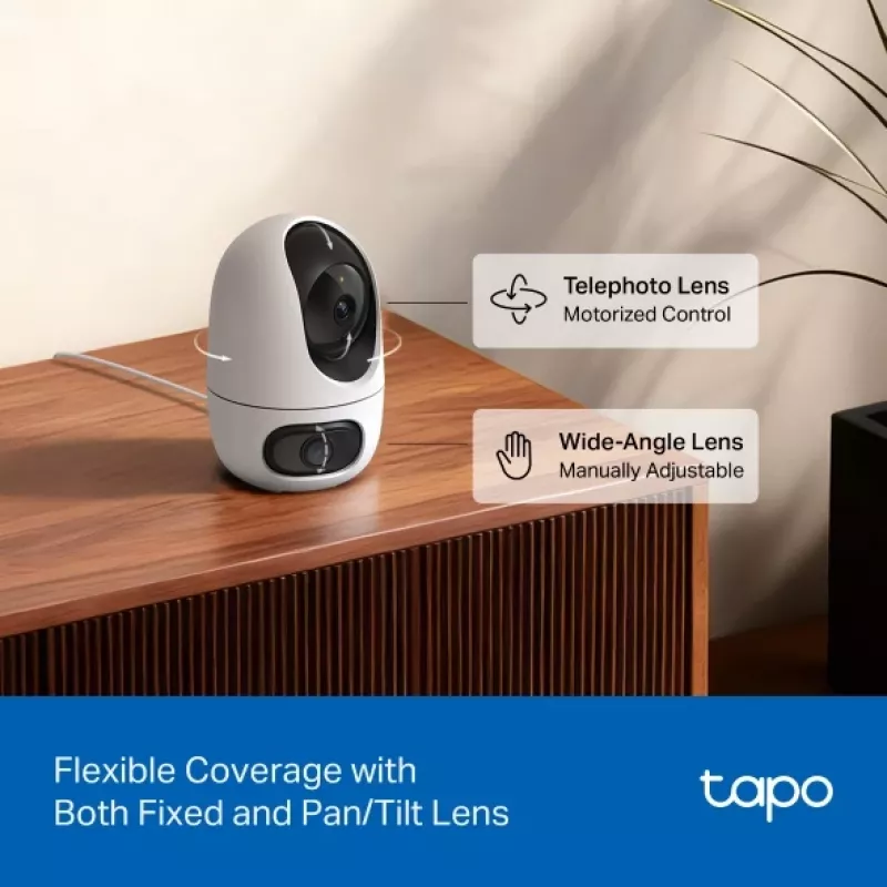 Câmara de vigilância IP TP-Link Tapo C245D 2304×1296, objetiva 3,1 mm, 104,3° hor., montagem em teto/parede, sem fios, interior, branco
