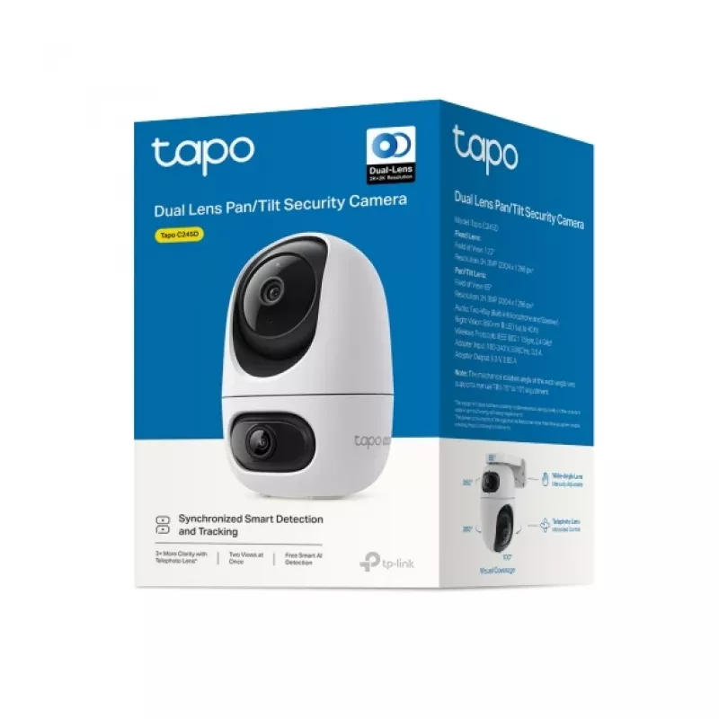 Câmara de vigilância IP TP-Link Tapo C245D 2304×1296, objetiva 3,1 mm, 104,3° hor., montagem em teto/parede, sem fios, interior, branco