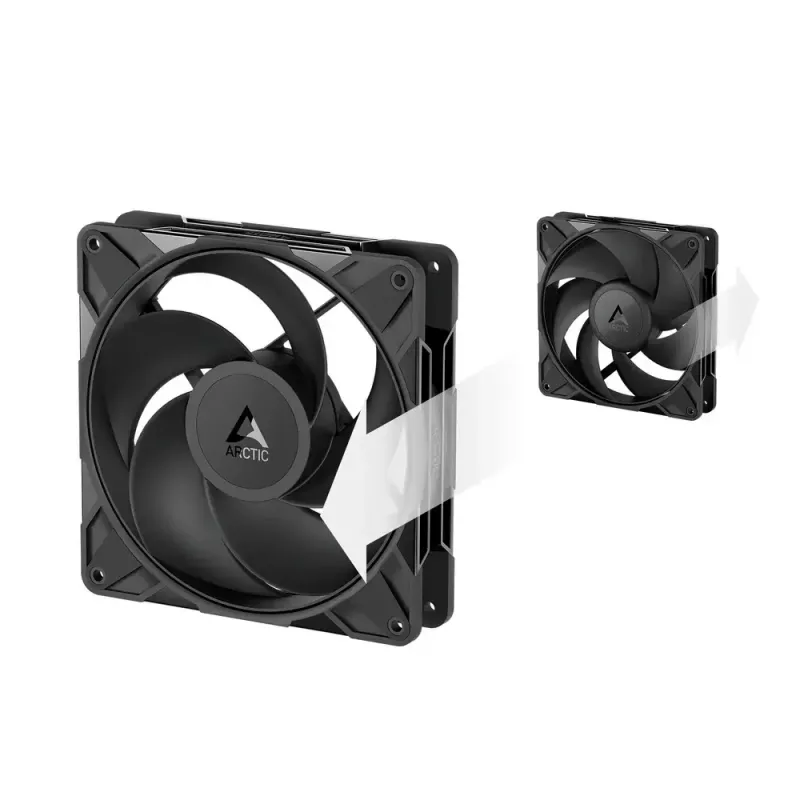 Ventoinha de 140 mm Arctic Freezer P14 Pro Reverse – 166,5 m³/h, 5,1 mmH₂O, rolamento fluido-dinâmico, A-RGB, PWM, preto, com splitter de cabo