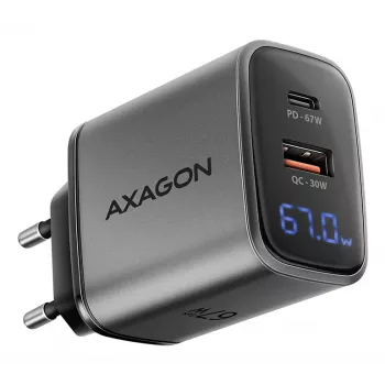 Carregador de parede AXAGON ACU-PQ67D, 67W, USB-C PD3.0 + USB-A QC4+, 2 saídas, ecrã LCD, 100–240V