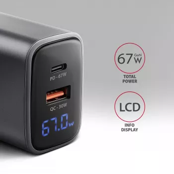 Carregador de parede AXAGON ACU-PQ67D, 67W, USB-C PD3.0 + USB-A QC4+, 2 saídas, ecrã LCD, 100–240V
