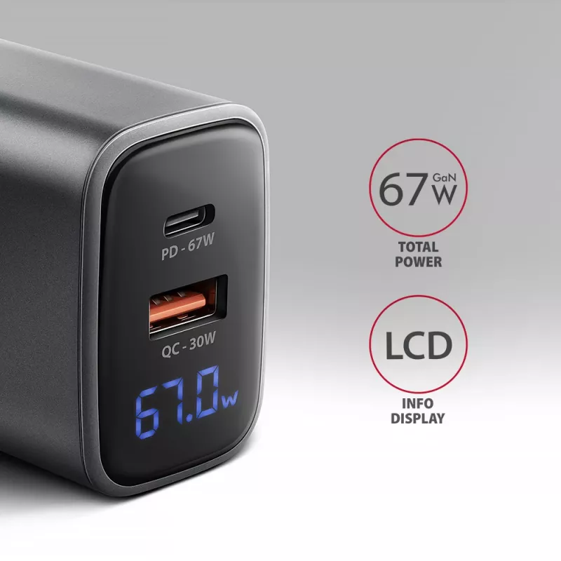 Carregador de parede AXAGON ACU-PQ67D, 67W, USB-C PD3.0 + USB-A QC4+, 2 saídas, ecrã LCD, 100–240V
