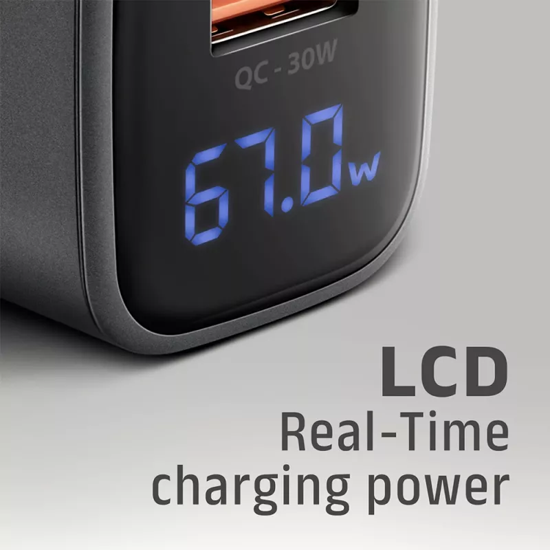 Carregador de parede AXAGON ACU-PQ67D, 67W, USB-C PD3.0 + USB-A QC4+, 2 saídas, ecrã LCD, 100–240V