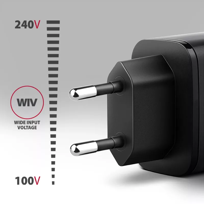 Carregador de parede AXAGON ACU-PQ67D, 67W, USB-C PD3.0 + USB-A QC4+, 2 saídas, ecrã LCD, 100–240V