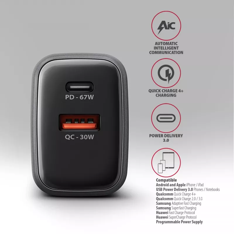Carregador de parede AXAGON ACU-PQ67D, 67W, USB-C PD3.0 + USB-A QC4+, 2 saídas, ecrã LCD, 100–240V