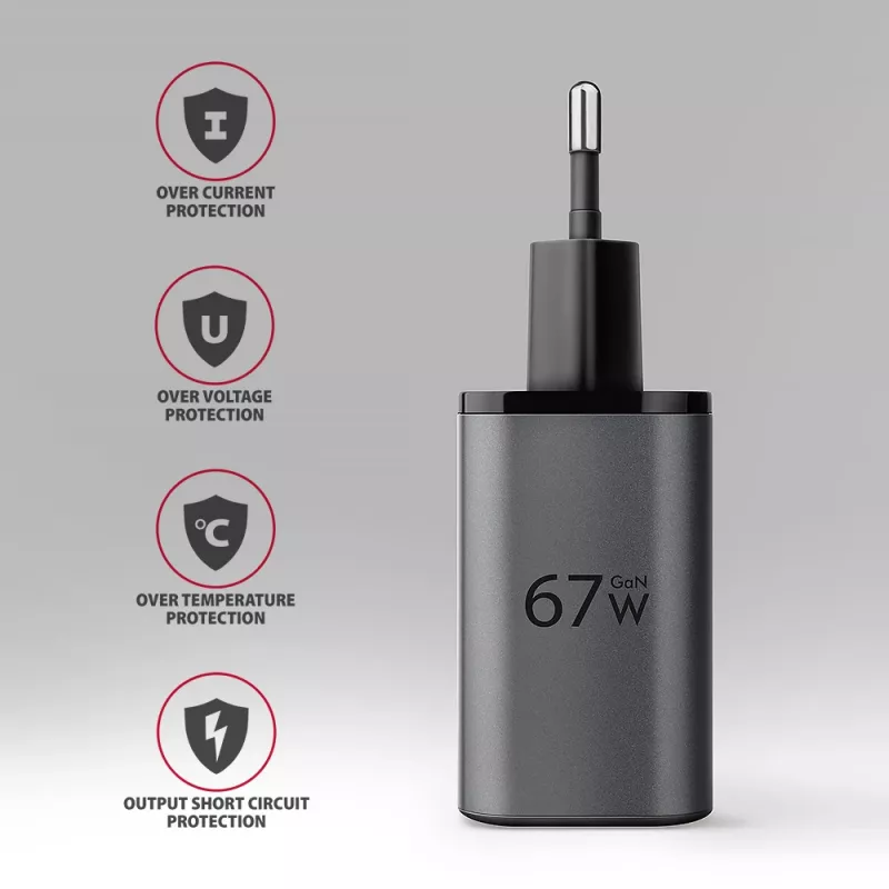 Carregador de parede AXAGON ACU-PQ67D, 67W, USB-C PD3.0 + USB-A QC4+, 2 saídas, ecrã LCD, 100–240V