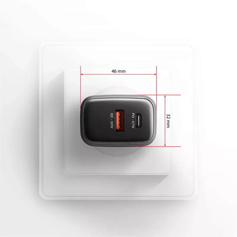 Carregador de parede AXAGON ACU-PQ67D, 67W, USB-C PD3.0 + USB-A QC4+, 2 saídas, ecrã LCD, 100–240V