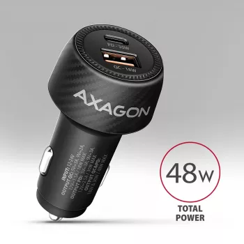 Carregador de automóvel AXAGON PWC-PQ48, 48 W, USB-C (PD3.0) + USB-A (QC4+), entrada 12–24 V, preto