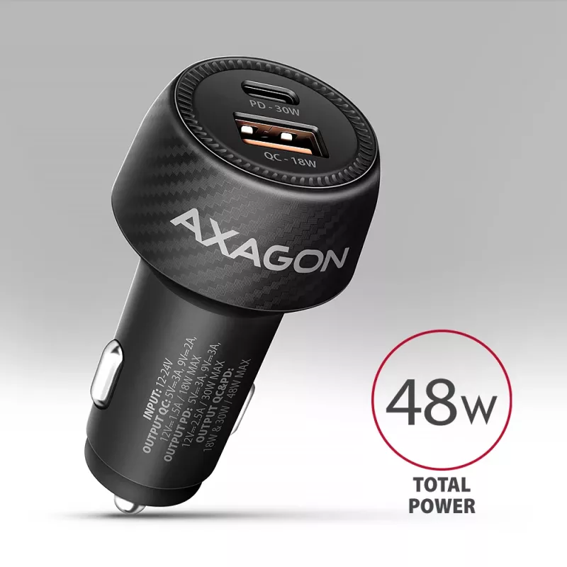 Carregador de automóvel AXAGON PWC-PQ48, 48 W, USB-C (PD3.0) + USB-A (QC4+), entrada 12–24 V, preto