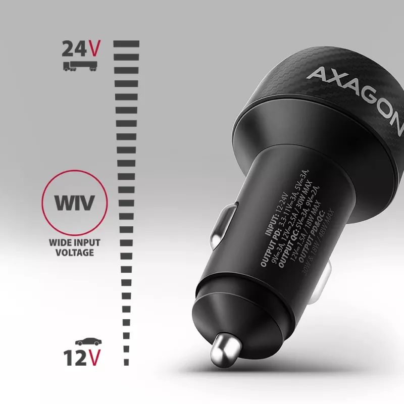 Carregador de automóvel AXAGON PWC-PQ48, 48 W, USB-C (PD3.0) + USB-A (QC4+), entrada 12–24 V, preto