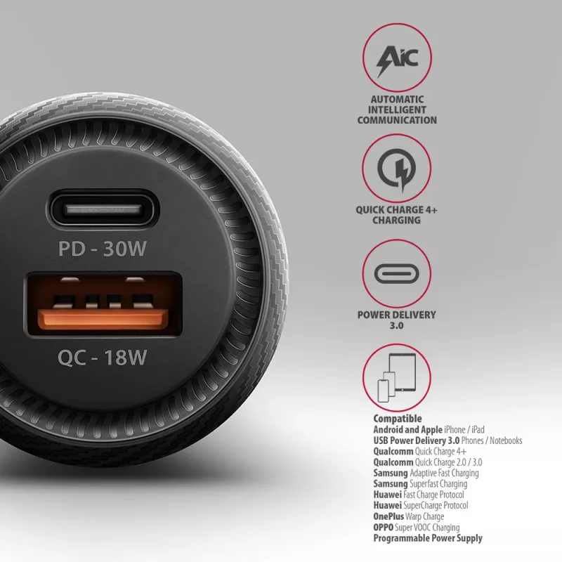 Carregador de automóvel AXAGON PWC-PQ48, 48 W, USB-C (PD3.0) + USB-A (QC4+), entrada 12–24 V, preto