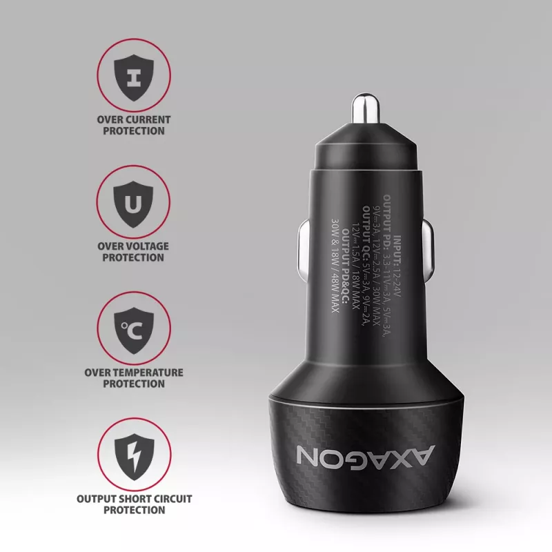 Carregador de automóvel AXAGON PWC-PQ48, 48 W, USB-C (PD3.0) + USB-A (QC4+), entrada 12–24 V, preto