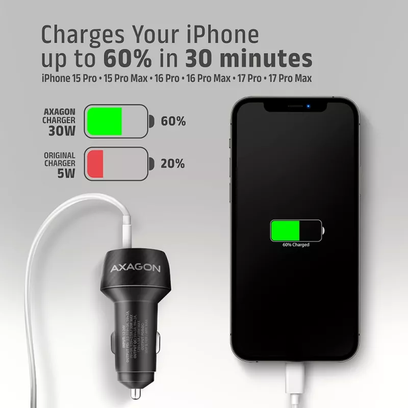 Carregador de automóvel AXAGON PWC-PQ48, 48 W, USB-C (PD3.0) + USB-A (QC4+), entrada 12–24 V, preto