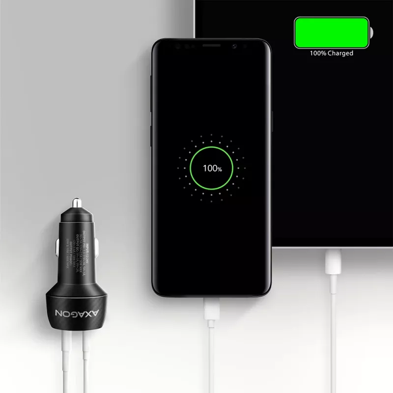 Carregador de automóvel AXAGON PWC-PQ48, 48 W, USB-C (PD3.0) + USB-A (QC4+), entrada 12–24 V, preto