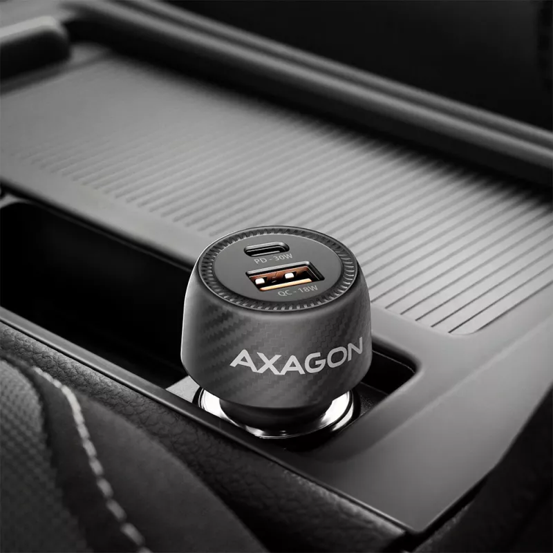 Carregador de automóvel AXAGON PWC-PQ48, 48 W, USB-C (PD3.0) + USB-A (QC4+), entrada 12–24 V, preto