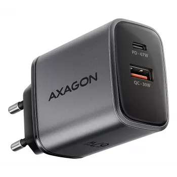 Fonte de alimentação AXAGON ACU-PQ67, 67W, PD3.0 + QC4+, 1x USB-C + 1x USB-A, 100–240V, cinzento/preto