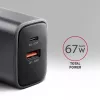 Fonte de alimentação AXAGON ACU-PQ67, 67W, PD3.0 + QC4+, 1x USB-C + 1x USB-A, 100–240V, cinzento/preto