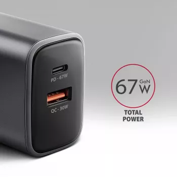 Fonte de alimentação AXAGON ACU-PQ67, 67W, PD3.0 + QC4+, 1x USB-C + 1x USB-A, 100–240V, cinzento/preto