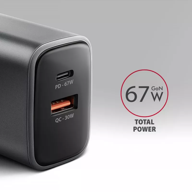 Fonte de alimentação AXAGON ACU-PQ67, 67W, PD3.0 + QC4+, 1x USB-C + 1x USB-A, 100–240V, cinzento/preto
