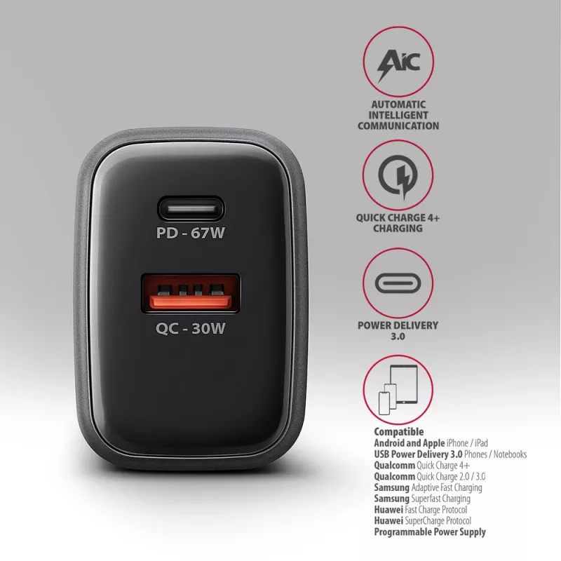 Fonte de alimentação AXAGON ACU-PQ67, 67W, PD3.0 + QC4+, 1x USB-C + 1x USB-A, 100–240V, cinzento/preto