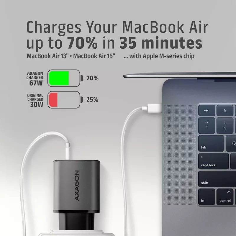 Fonte de alimentação AXAGON ACU-PQ67, 67W, PD3.0 + QC4+, 1x USB-C + 1x USB-A, 100–240V, cinzento/preto