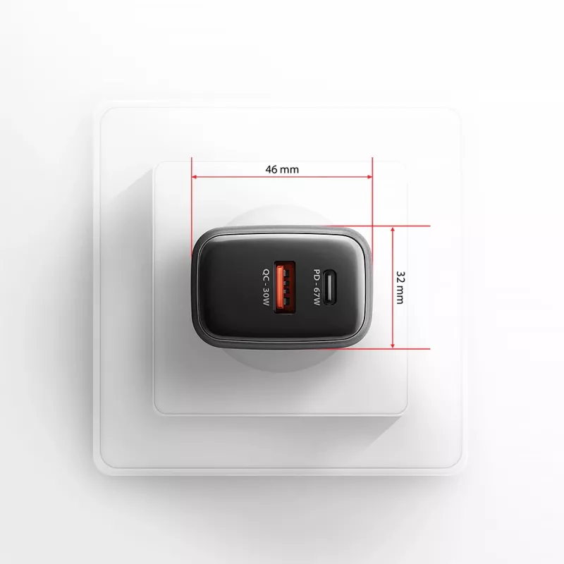 Fonte de alimentação AXAGON ACU-PQ67, 67W, PD3.0 + QC4+, 1x USB-C + 1x USB-A, 100–240V, cinzento/preto